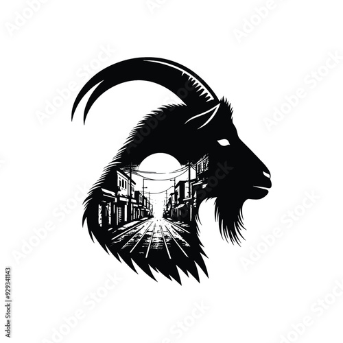 silhouette of Goat, filled with ghetto street in rough drawing,