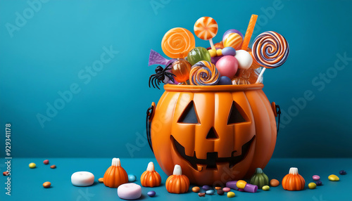 various halloween sweets candies pumpkin pot blue background