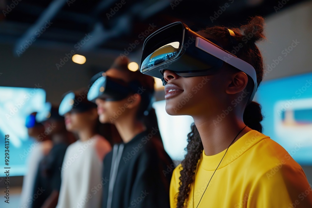 Several teenagers in a class wearing virtual reality goggles. back to school Several teenagers in a class wearing virtual reality goggles. back to school