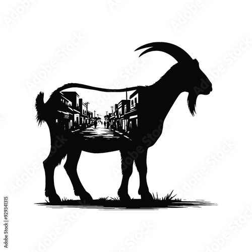 silhouette of Goat, filled with ghetto street in rough drawing,