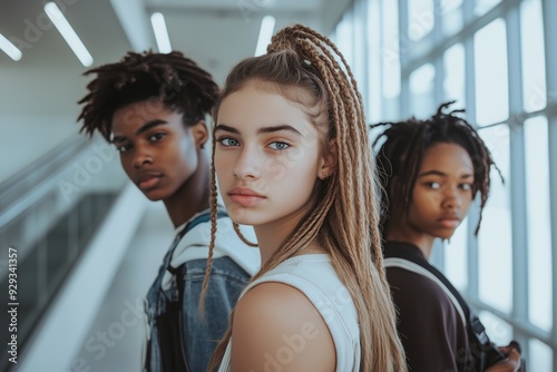 A teenage girl looks anxiously at the camera in front of two other teenagers in the school corridor. Worried about school or relationships photo