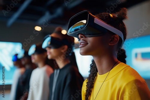 Several teenagers in a class wearing virtual reality goggles. back to school