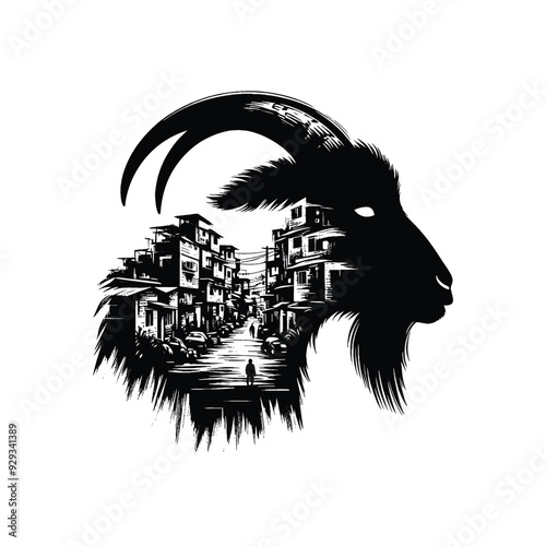 silhouette of Goat, filled with ghetto street in rough drawing,