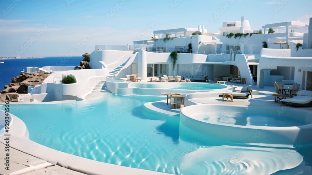 Santorini, Greece. Luxury hotel with swimming pool, Sea view, a luxury modern white beach hotel with a swimming pool Santorini, Greece. Luxury hotel with swimming pool, Sea view, a luxury modern white beach hotel with a swimming pool