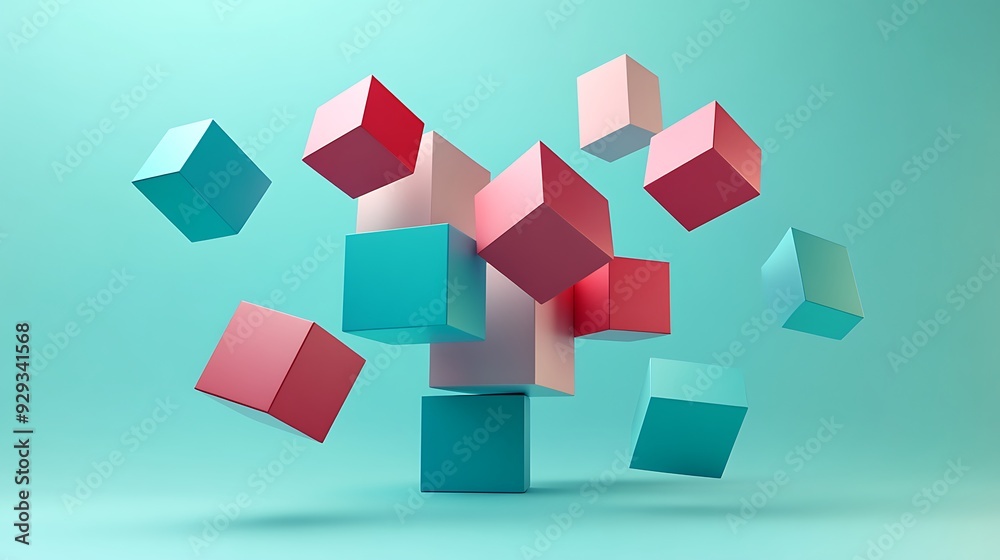 Colorful cubes floating on a light blue background. Colorful cubes floating on a light blue background.