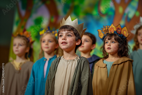 Costumed children performing on stage in a school play. A boy wearing a paper crown and robe stands in front.