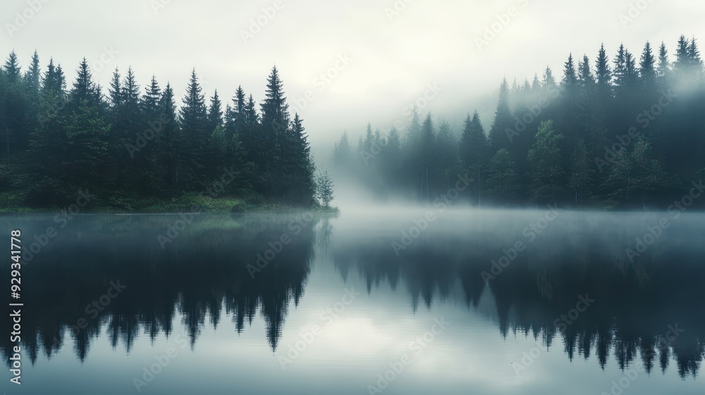 A serene misty lake surrounded by dense evergreen trees, reflecting a tranquil atmosphere. A serene misty lake surrounded by dense evergreen trees, reflecting a tranquil atmosphere.