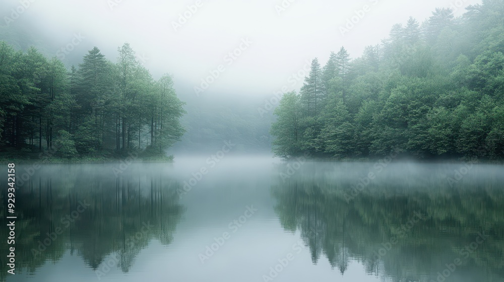 A serene misty lake surrounded by lush green trees reflecting on the water's surface. A serene misty lake surrounded by lush green trees reflecting on the water's surface.