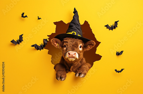 Baby highland cow wearing halloween witch hat, looking thru torn wallpaper hole, copy paste banner, Halloween theme
