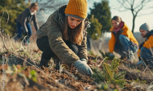 Volunteers planting trees in a deforested area, promoting reforestation efforts