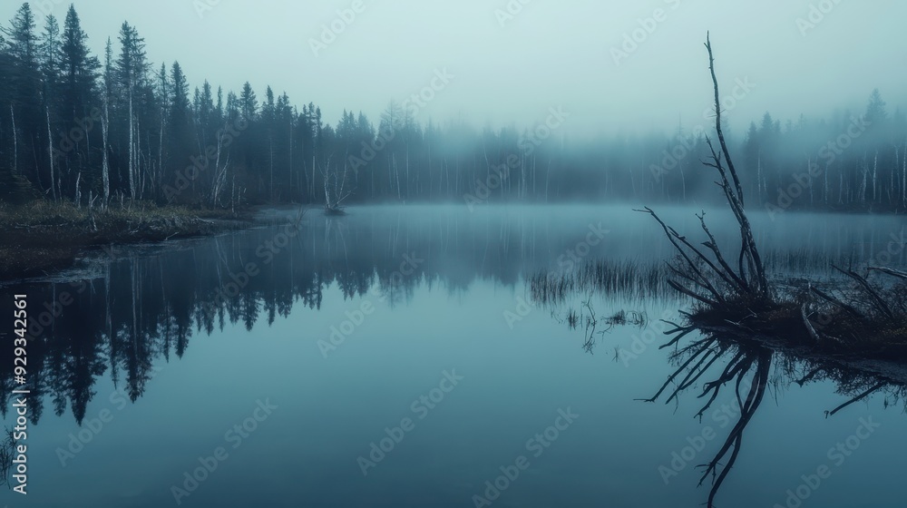 Fototapeta premium A serene misty lake surrounded by trees, creating a tranquil and atmospheric landscape.