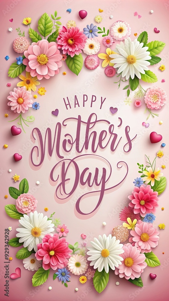Happy Mother's Day invitation card. Greeting card with realistic flowers, white and red hearts. For sale, promotion, social media, website, ad Happy Mother's Day invitation card. Greeting card with realistic flowers, white and red hearts. For sale, promotion, social media, website, ad