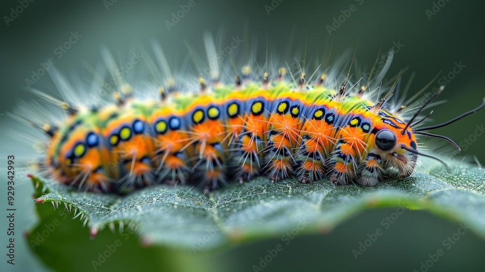 A vibrant, colorful caterpillar crawls across a green leaf covered in raindrops. A vibrant, colorful caterpillar crawls across a green leaf covered in raindrops.