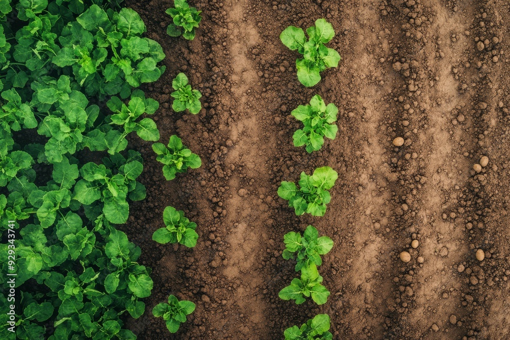 An aerial view showcases lush green crops and rich plowed soil, highlighting agricultural productivity and the beauty of the diverse vegetation and colors in the surrounding landscape An aerial view showcases lush green crops and rich plowed soil, highlighting agricultural productivity and the beauty of the diverse vegetation and colors in the surrounding landscape