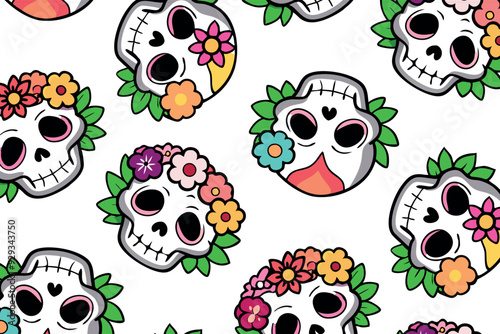 Colorful skull vector illustrations with flowers for Dia de los Muertos, stickers, web icons, festive decorations. Vibrant, cartoonish style with bright and lively colors