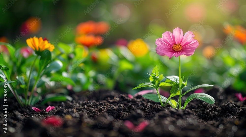 A single orange flower blooms in a field of green, the warm sunshine casts a glow on the scene. A single orange flower blooms in a field of green, the warm sunshine casts a glow on the scene.