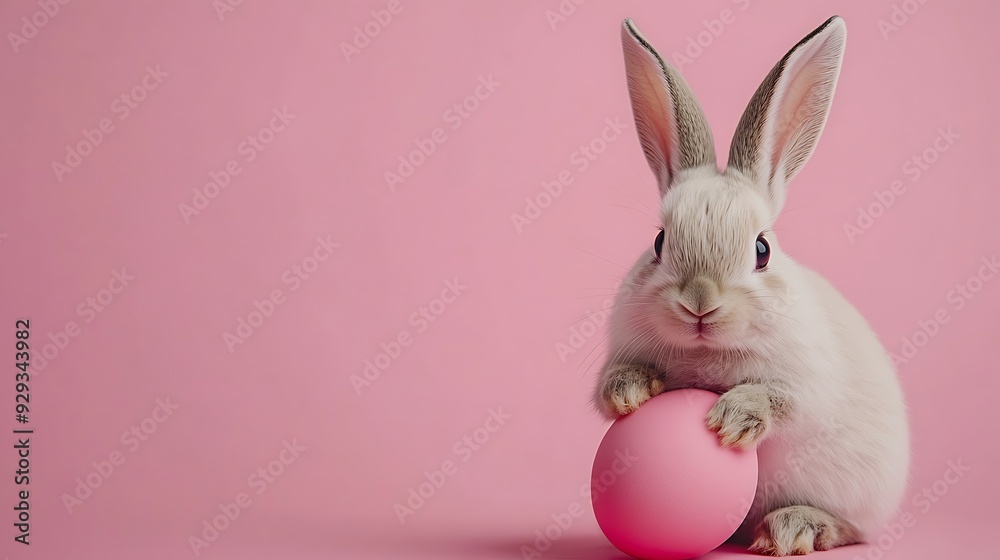 Obraz premium Cute bunny rabbit holding a pink easter egg on a pink background.