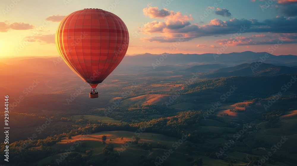 Hot Air Balloon Soaring Over Sunset Mountains Hot Air Balloon Soaring Over Sunset Mountains