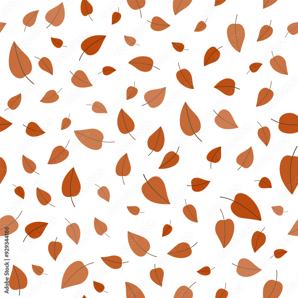 Autumn botanical decor. Monochrome white red plant seamless pattern. Random many small autumn leaves on white background. Soft nature colors. Cozy warm background for wallpaper, textile, etc.