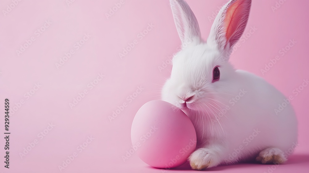 Cute white bunny rabbit on pink background with a pink egg. Cute white bunny rabbit on pink background with a pink egg.