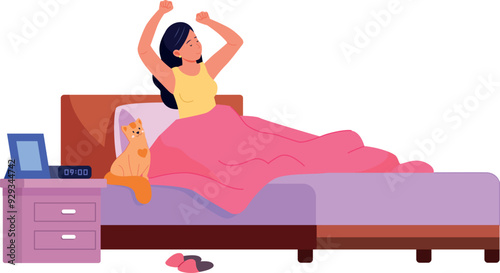 Woman wake up in bedroom. Cat sit in bed. Cozy home
