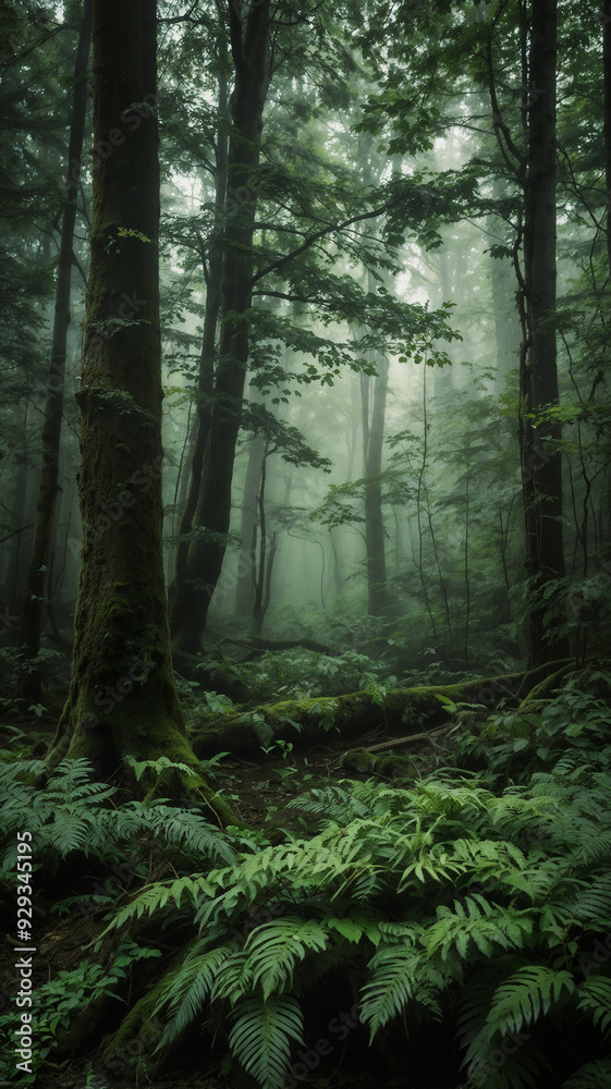 Obraz premium Enchanted Forest Trail: Mist and Ferns at Dawn