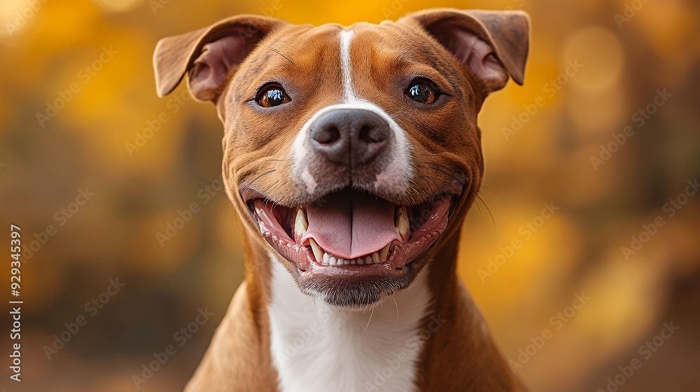 A happy dog with a joyful expression against a blurred autumn background. A happy dog with a joyful expression against a blurred autumn background.