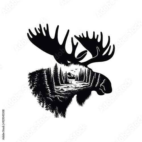 silhouette of Moose, filled with nature view in rough drawing,