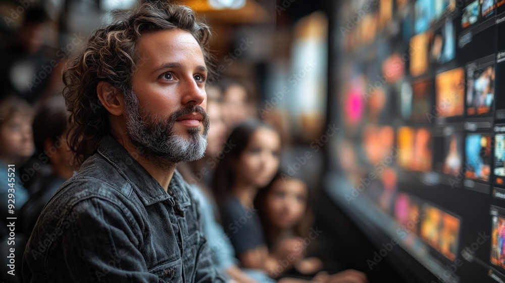 Fototapeta premium Man watching a screen with multiple videos