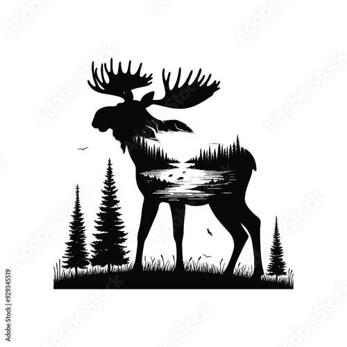 silhouette of Moose filled with river view in rough drawing,