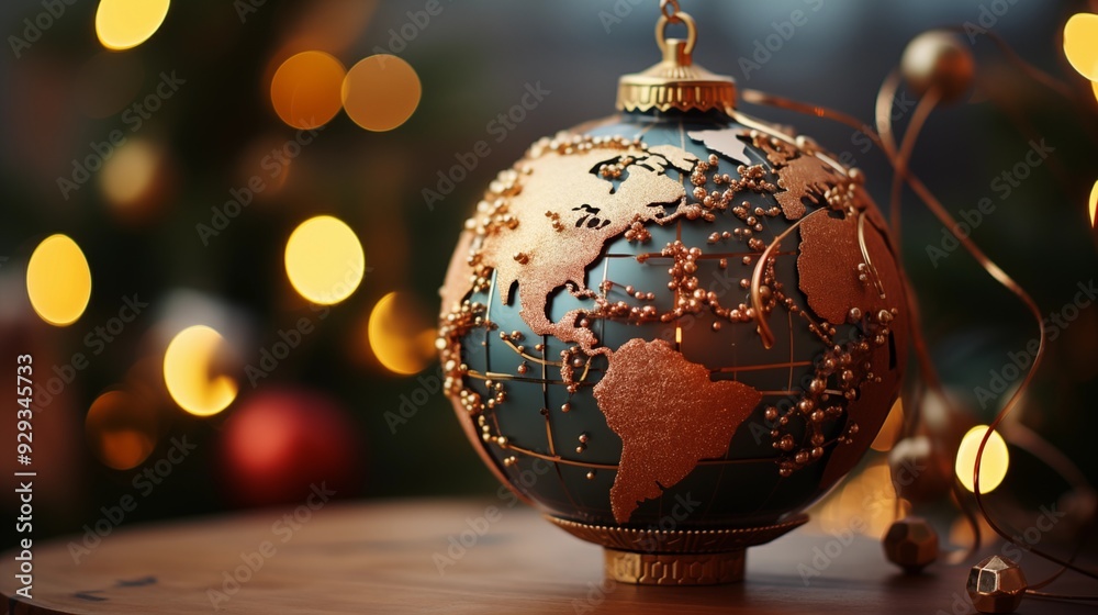 A globe ornament hanging from a christmas tree, christmas festival.