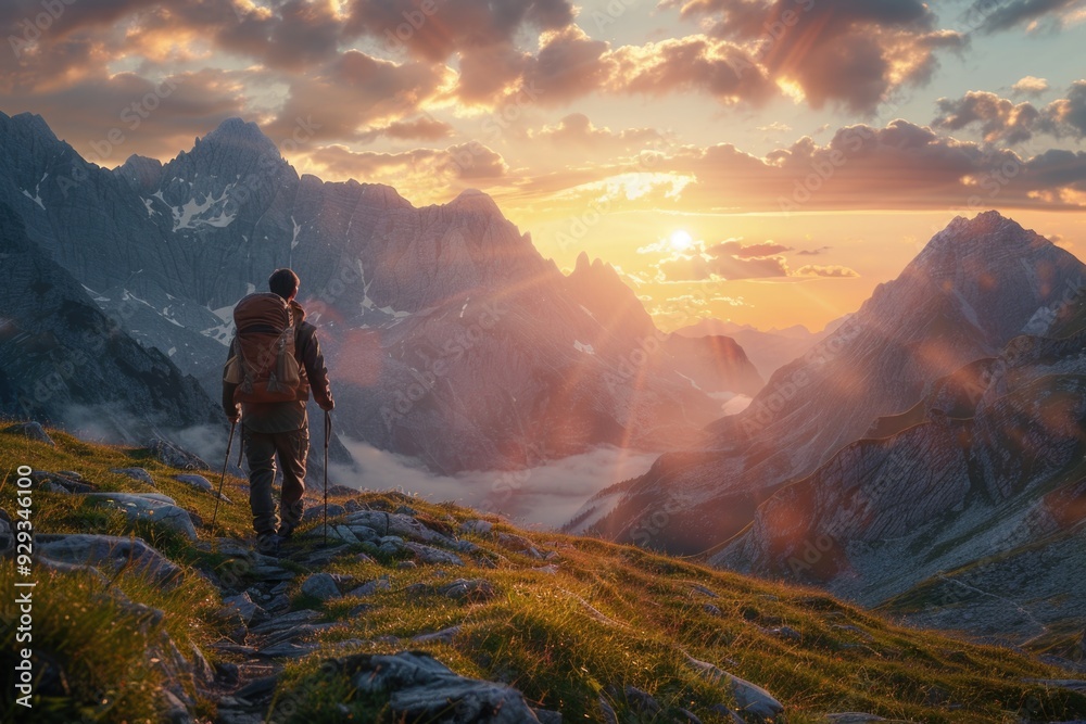 A person stands at the top of a mountain, wearing a backpack A person stands at the top of a mountain, wearing a backpack