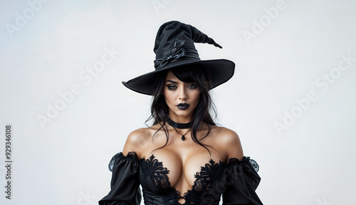 Sensual woman in revealing witch costume: Enchanting Halloween portrait with solid color background with copy space