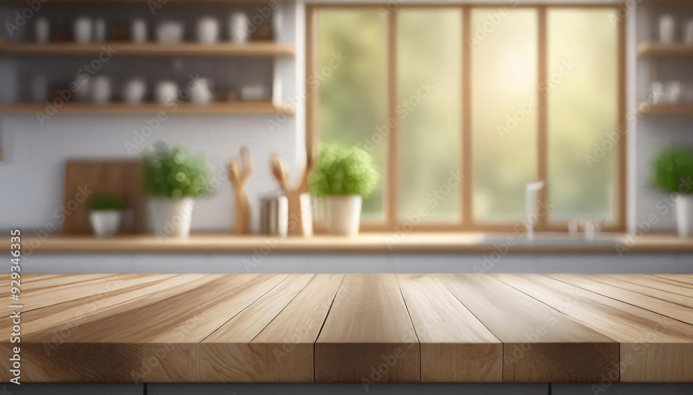 Wood table platform in a kitchen facing a window with out of focus ...