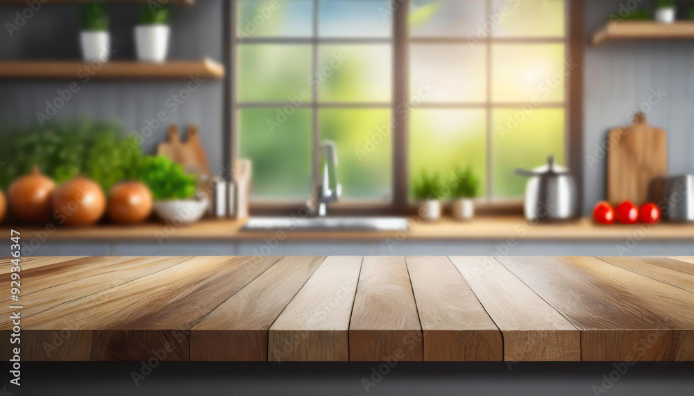 Wood table platform in a kitchen facing a window with out of focus interior background with kitchen shelves, sink, and faucet Wood table platform in a kitchen facing a window with out of focus interior background with kitchen shelves, sink, and faucet