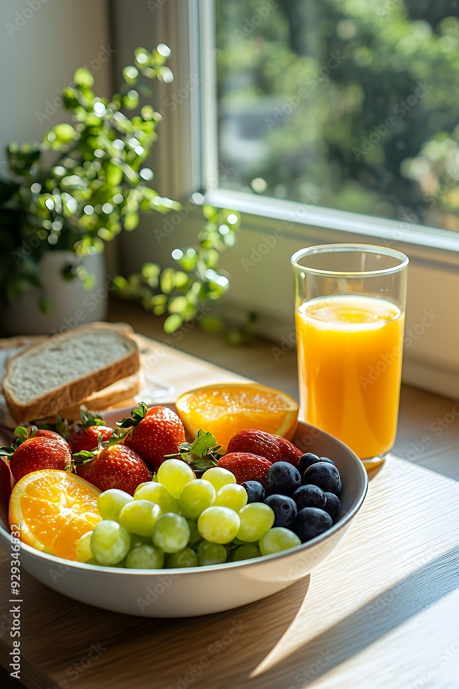 A healthy breakfast with fruits, juice, and bread by a sunny window. A healthy breakfast with fruits, juice, and bread by a sunny window.