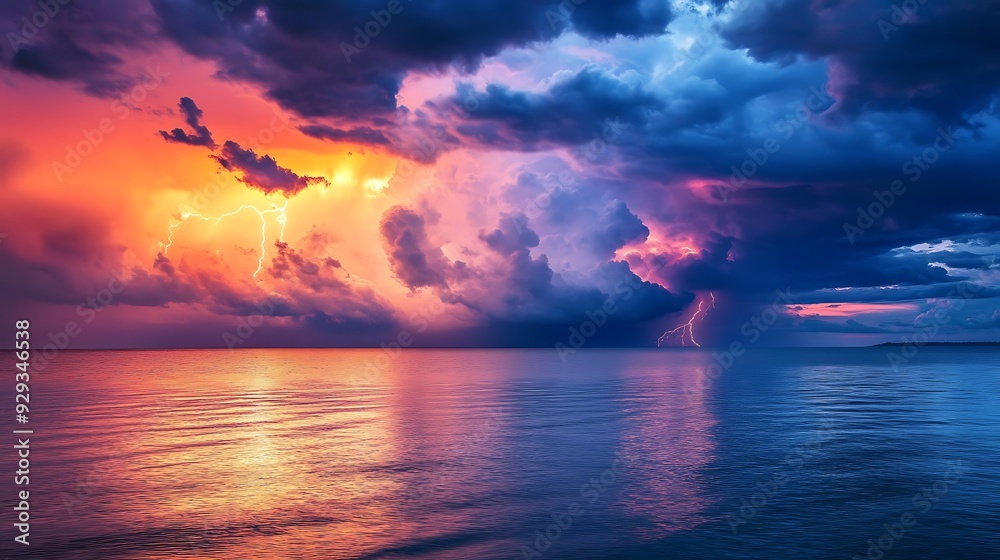 Dramatic sky with lightning over a calm ocean at sunset. Dramatic sky with lightning over a calm ocean at sunset.