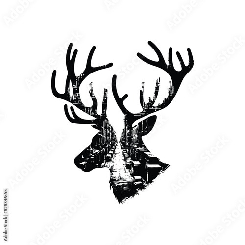 silhouette of Reindeer, filled with ghetto street in rough drawing,