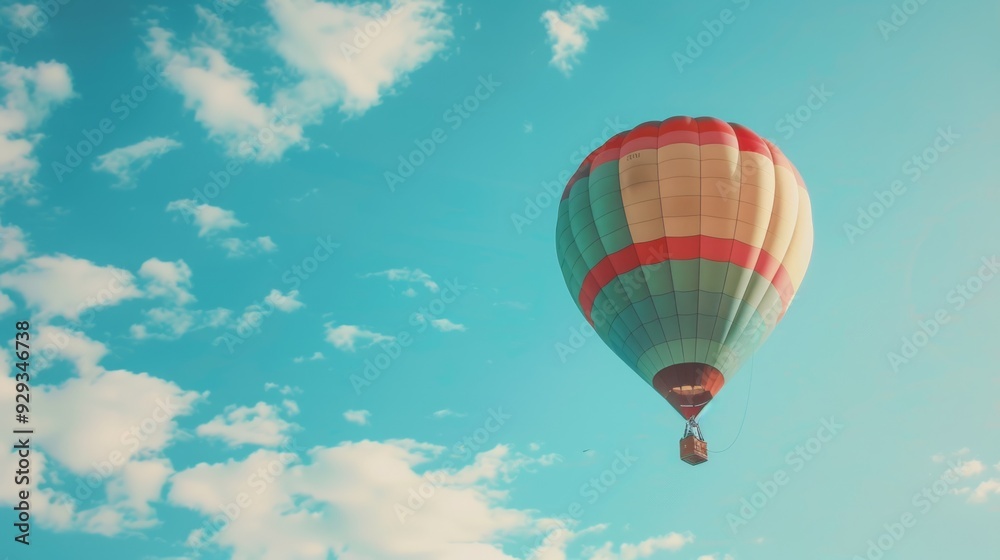 Naklejka premium Colorful Hot Air Balloon Flies Against A Blue Sky