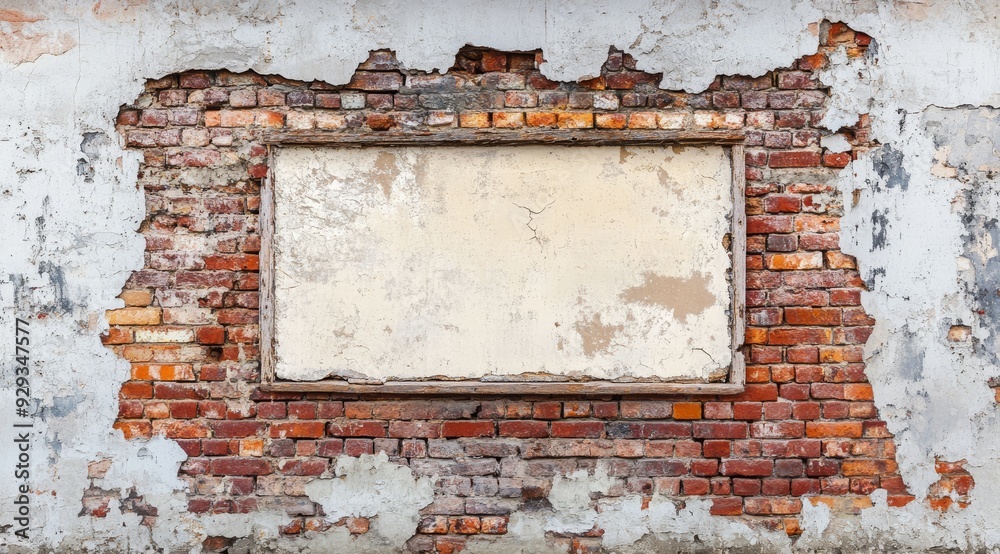 Naklejka premium A weathered brick wall with a distressed look and a blank area ideal for custom text or graphics. This backdrop is perfect for rustic design themes, enhancing artistic expressions