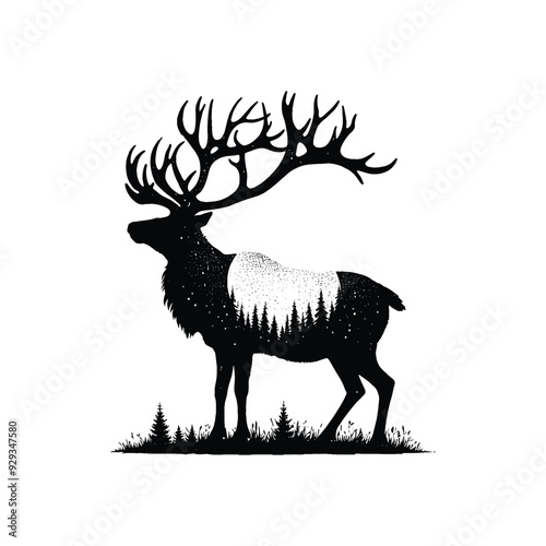 silhouette of Reindeer filled with nature view in rough drawing,