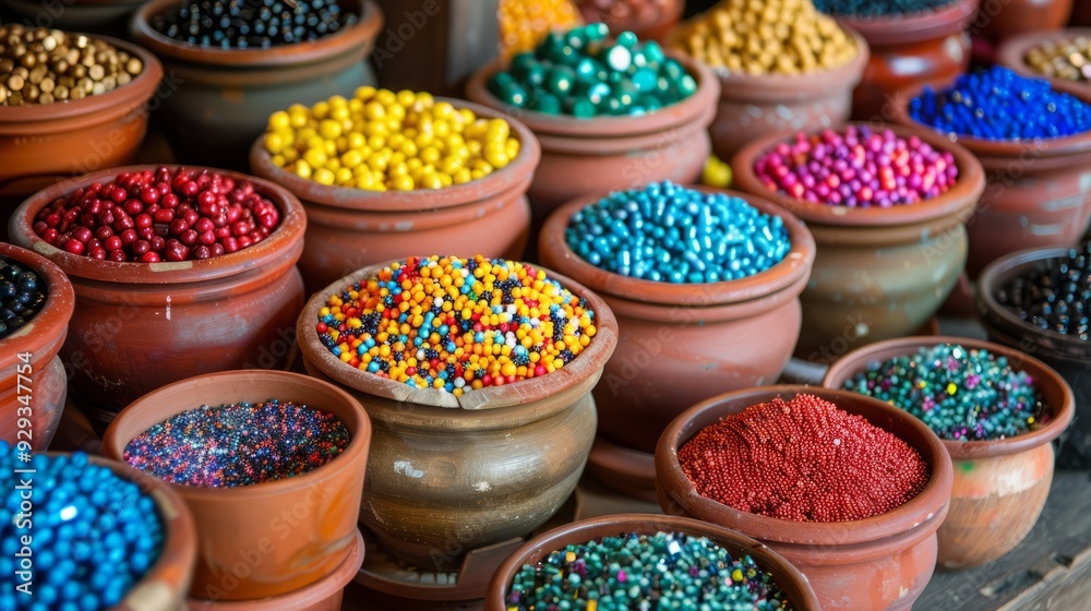 Fototapeta premium Colorful Beads Arranged In Pots On A Table