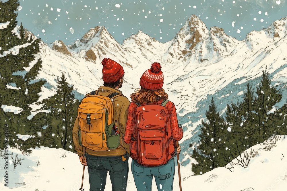 custom made wallpaper toronto digitalA couple man and woman hiking through snowy mountains with backpacks and Christmas hats, enjoying a Christmas day adventure, hand drawn, flat illustration