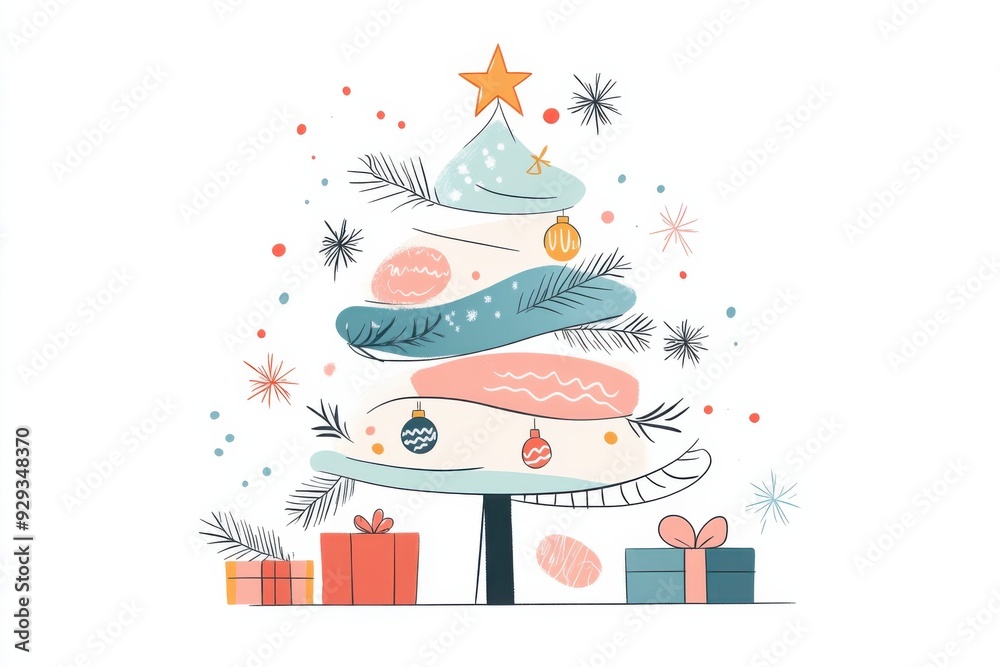 Fototapeta premium A decorated Christmas tree with colorful ornaments and a shining star on top, surrounded by gift boxes and tiny snowflakes cute minimal illustration doodle style