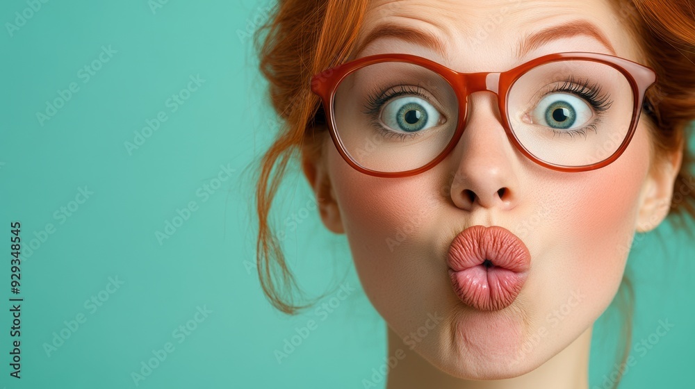 A woman with red hair and glasses making a silly face, AI A woman with red hair and glasses making a silly face, AI
