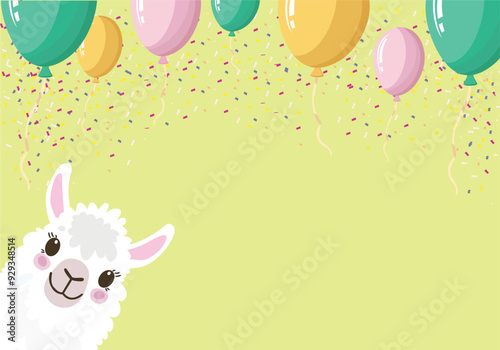 Cute Llama with Balloons and Confetti on Yellow Background for Party Invitations and Greeting Cards