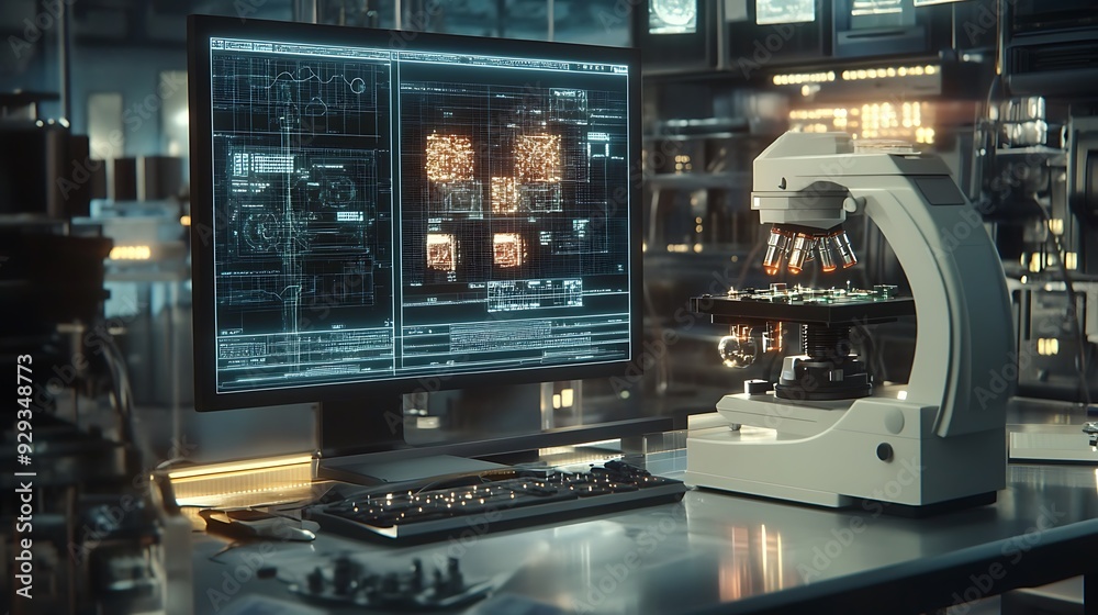 Fototapeta premium A state-of-the-art laboratory researching quantum computing with holographic visualizations
