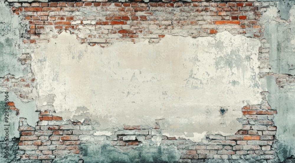 This image portrays a weathered brick wall that showcases exposed bricks along with peeling paint, which offers plenty of open space for innovative and creative designs. Ideal for artistic projects This image portrays a weathered brick wall that showcases exposed bricks along with peeling paint, which offers plenty of open space for innovative and creative designs. Ideal for artistic projects