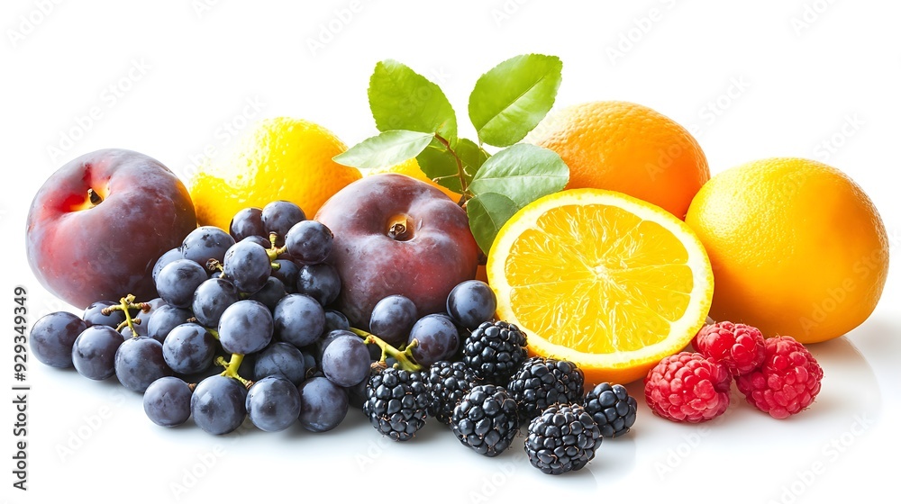 Fresh fruit assortment with oranges, plums, grapes, blackberries, and raspberries. Fresh fruit assortment with oranges, plums, grapes, blackberries, and raspberries.
