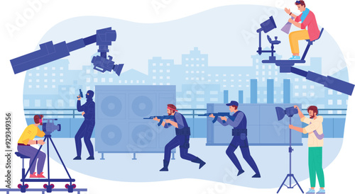 Movie production scene. Actors and crew on cinema shooting stage